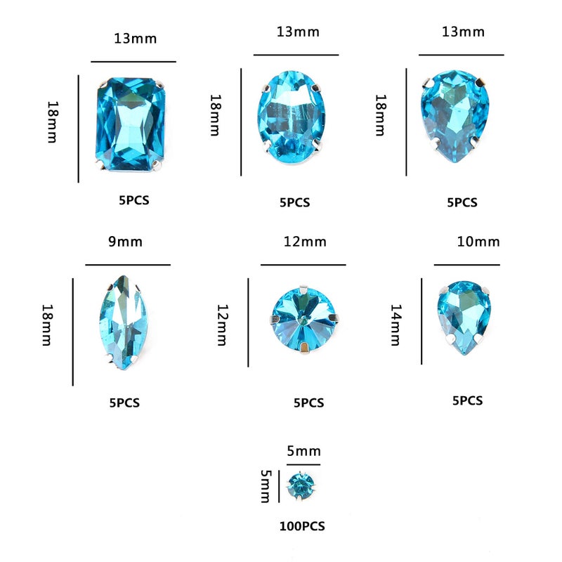 Choupee Blue Sew On Rhinestones, Choupee 130PCS Teal Sew On Rhinestone Metal Back Prong Setting Sewing Claw Rhinestone Mixed Shapes Sew On Glass Gems for Jewelry, Clothes, Costume, Shoes, Dress, Garments - Image 4